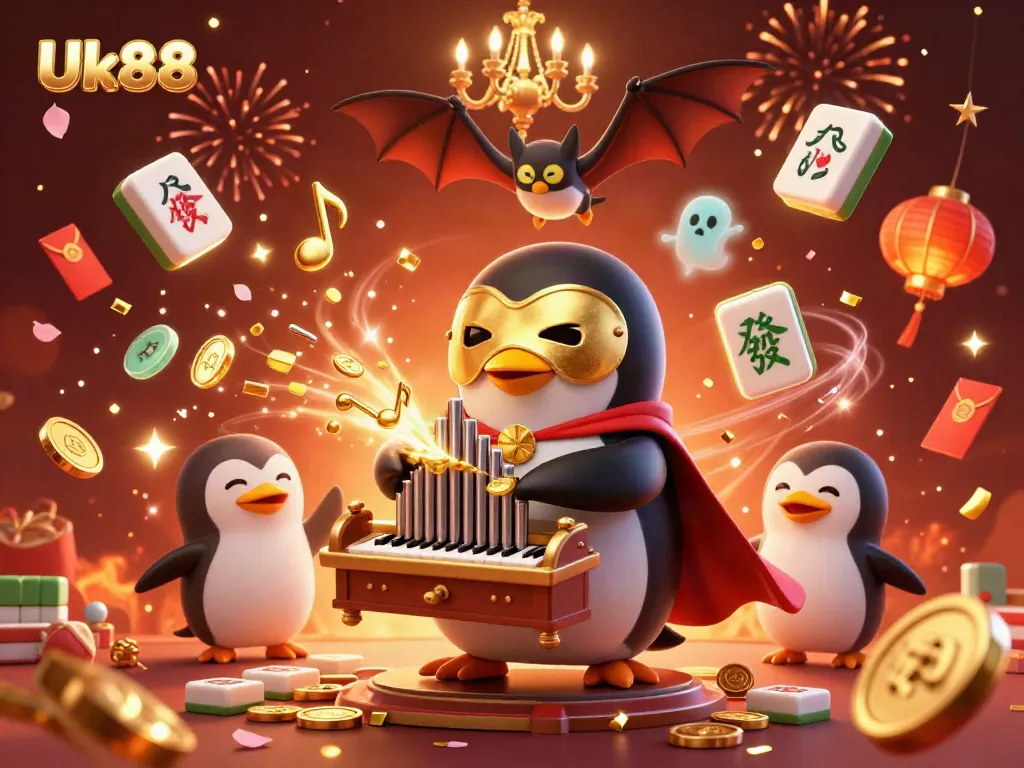 Experience the excitement of Uk88 with a vivid illustration featuring a penguin playing a golden organ amidst celebratory elements.