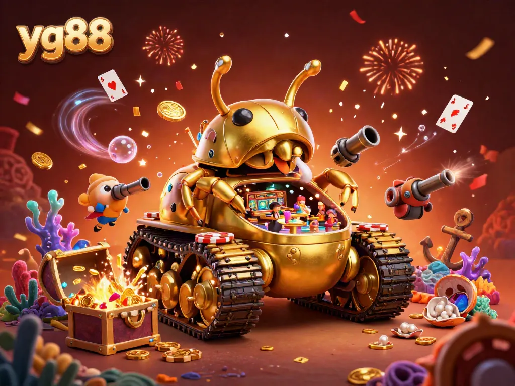 Engage with the immersive yg88 casino experience featuring a golden beetle tank and vibrant gaming elements.