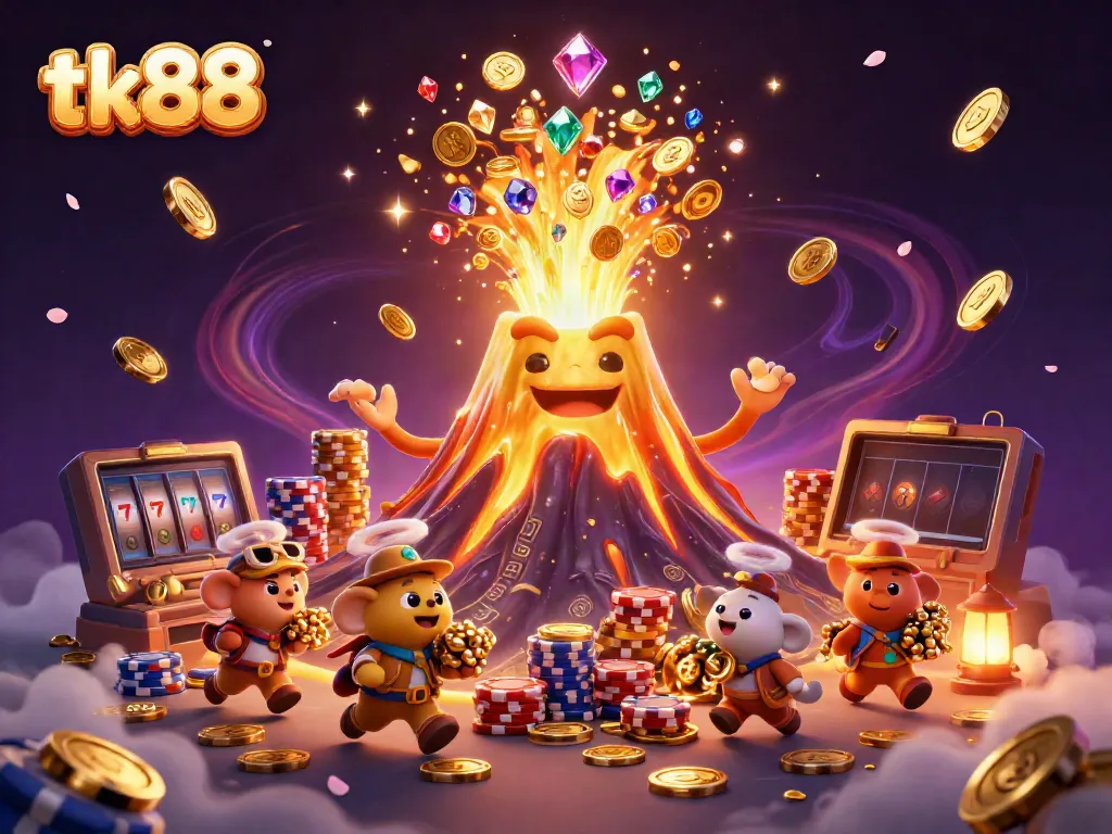 Experience the excitement of tk88 with a triumphant volcano erupting coins and explorers claiming treasures.