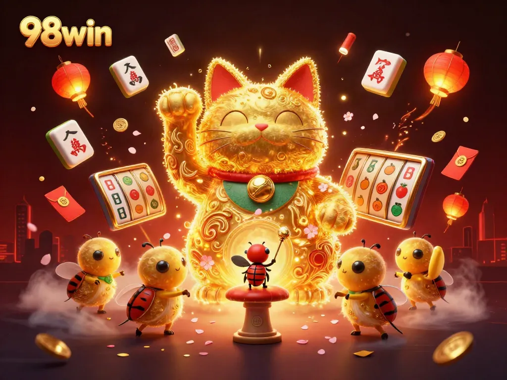 Experience the thrill of 98win with vibrant casino elements and a dynamic lucky cat scene.
