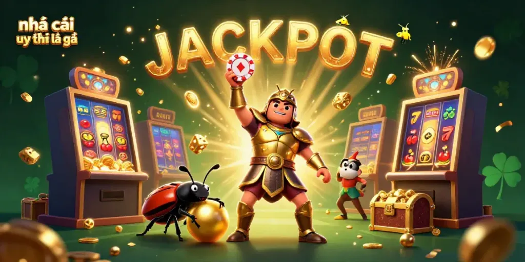 Experience the excitement of nhà cái uy tín là gì with a victorious beetle, golden slot machine, and neon jackpot!
