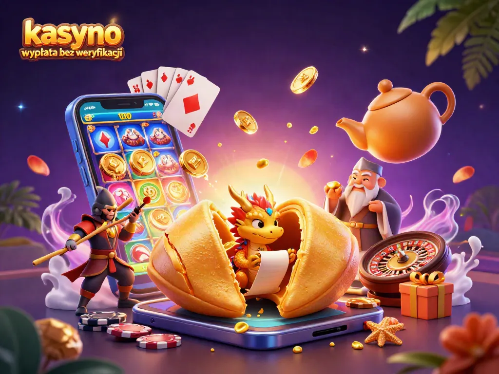 kasyno wypłata bez weryfikacji illustrated with a dynamic scene of fortune cookie, dragon, and casino elements