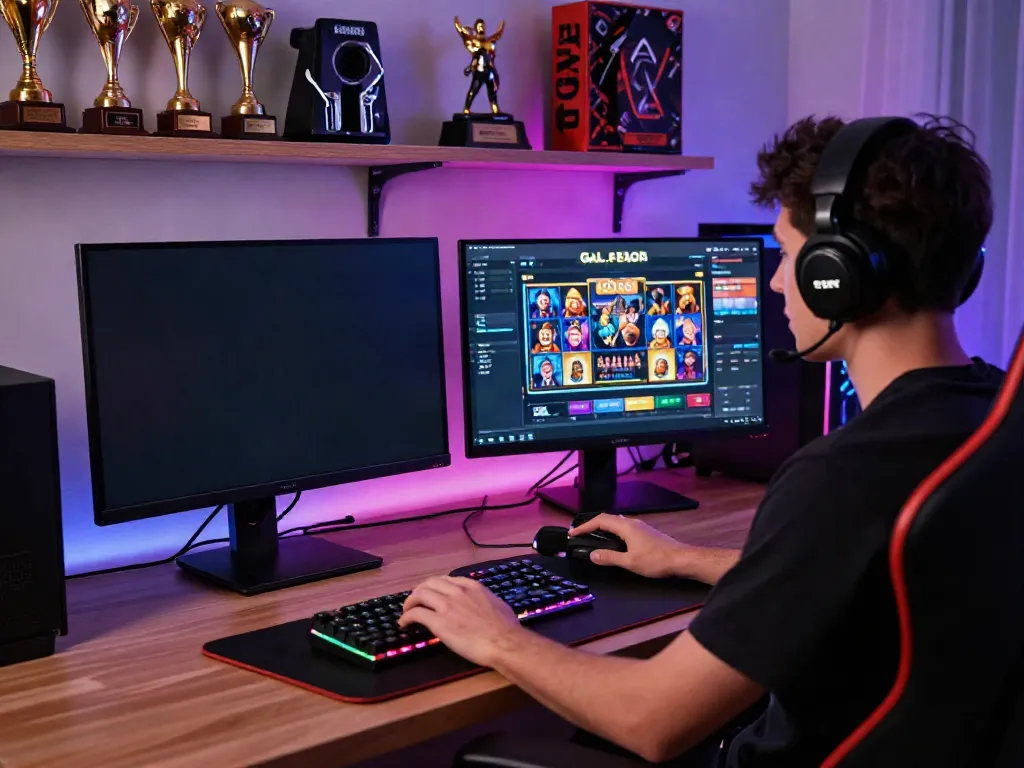 Gamer enjoying a slot gacor game on a vibrant gaming setup with LED lights.