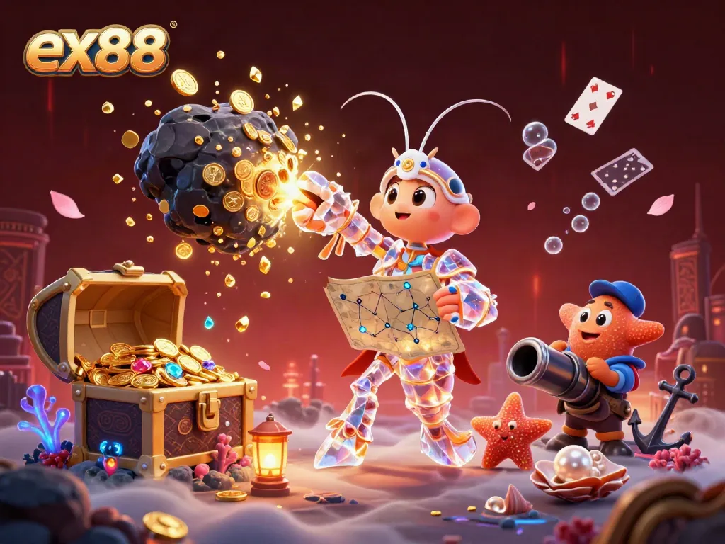 Experience the galactic samurai mantis shrimp battling through asteroids for ex88 treasures in this 3D illustration.