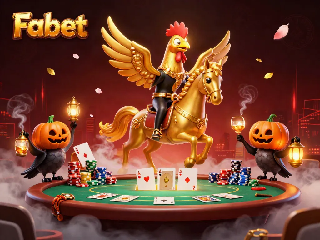 Experience thrilling wins at Fabet casino with a golden rooster and friends in a magical midnight scene.