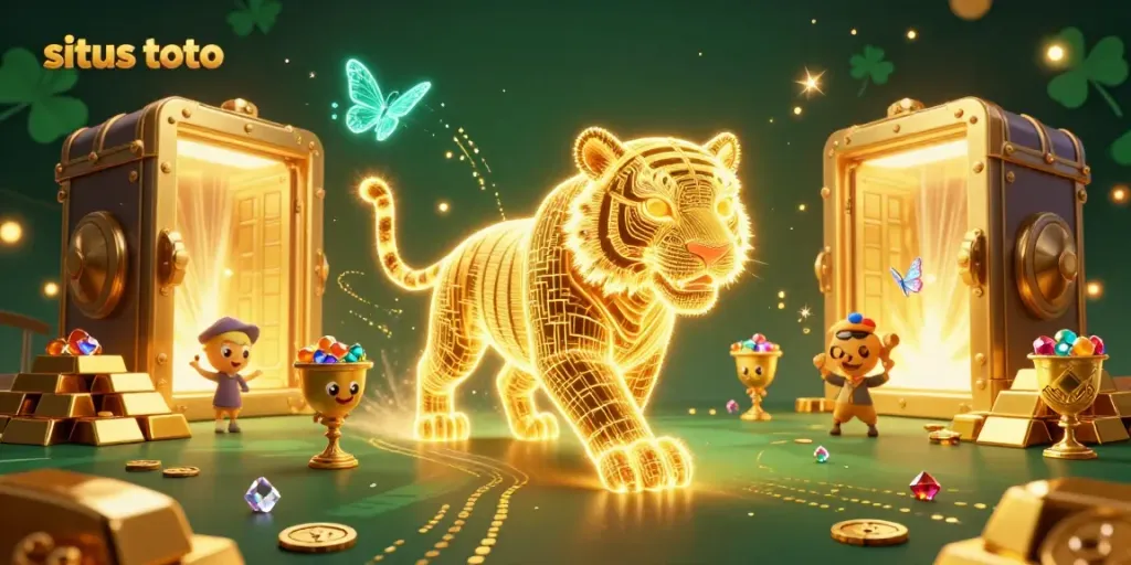 Menggali informasi situs toto dalam ilustrasi casino digital dengan harimau neon dan elemen emas.