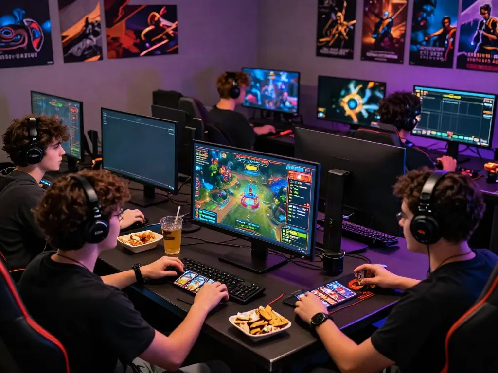 Engaging friends playing online card games at https://sunwint4.com/ with vibrant graphics and snacks.