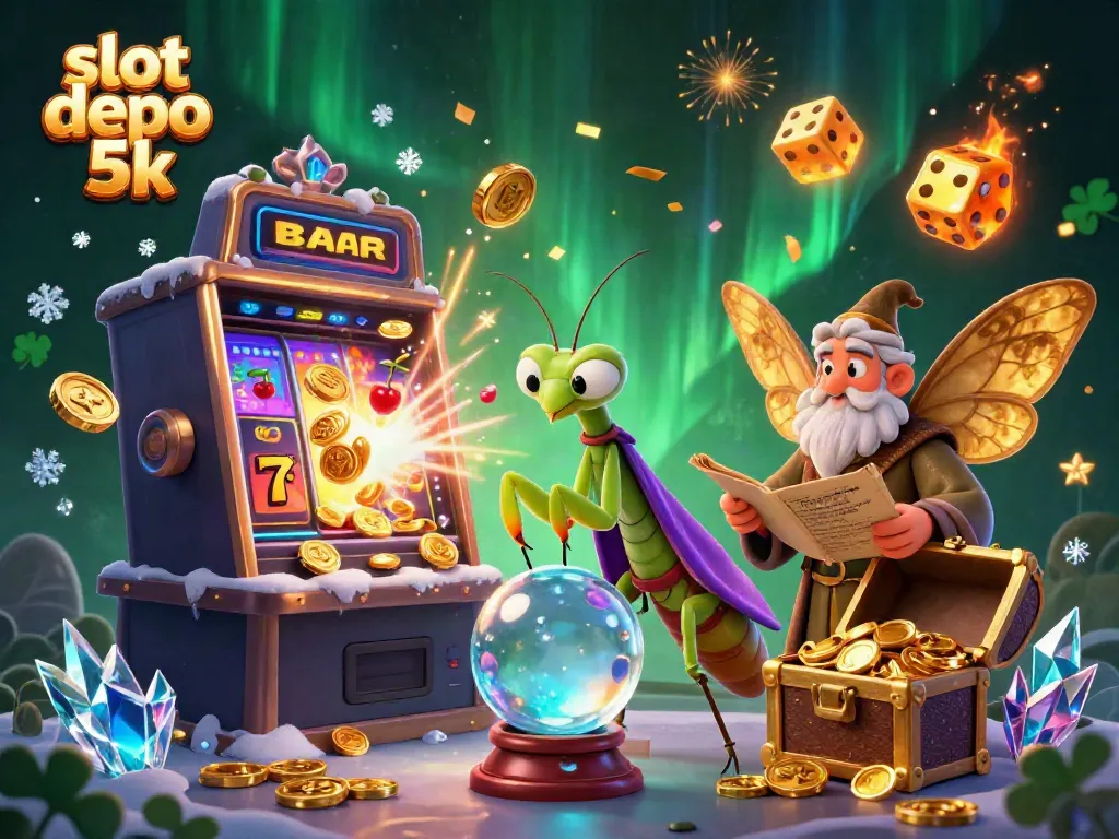 Experience thrilling wins with slot depo 5k in this vibrant 3D casino illustration featuring dynamic game elements.