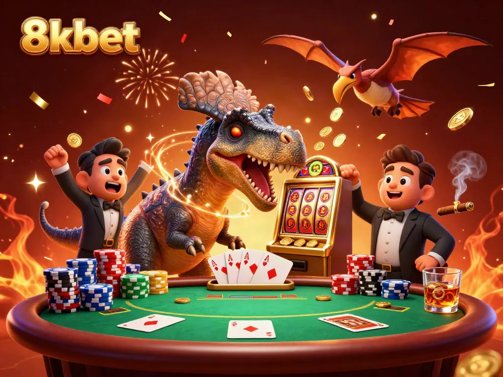 Engaging 3D scene of 8xbet showcasing a dinosaur-themed casino with exciting jackpot action.