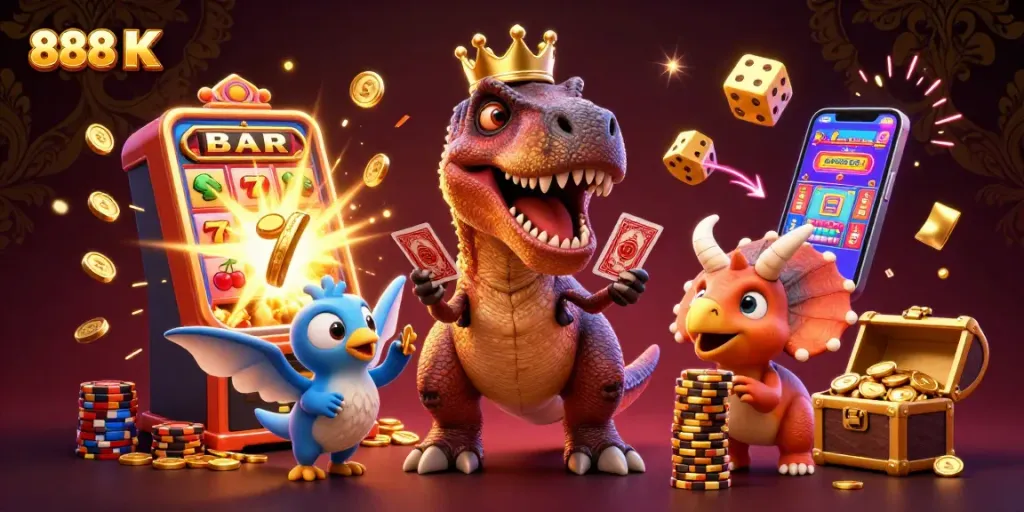 Experience the excitement of 888 K with playful characters and vibrant casino elements in this interactive scene.