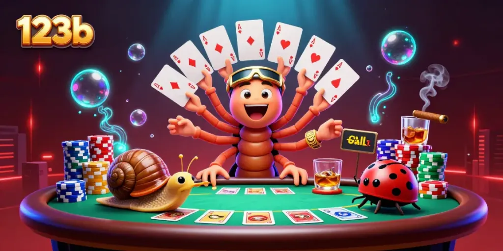 Experience a thrilling casino moment with 123b featuring a colorful poker scene and playful characters.