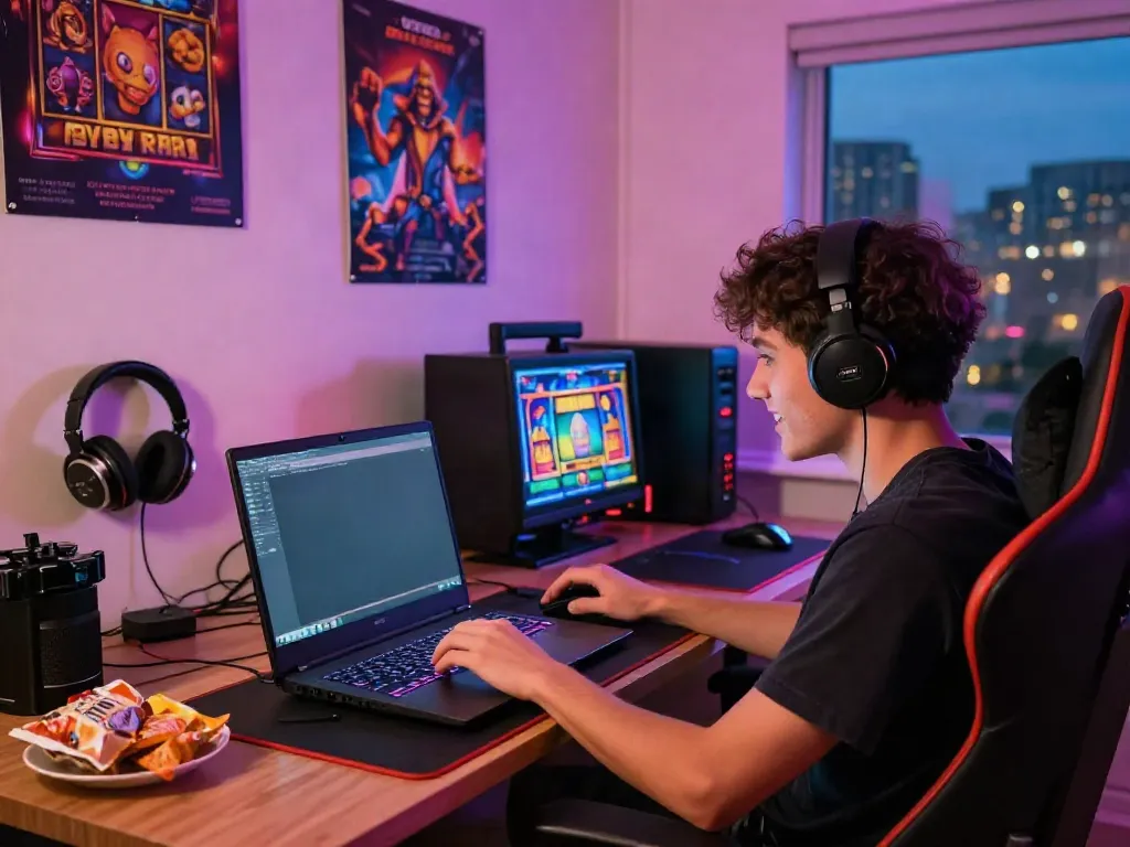 Engaging scene of a person enjoying a slot game on a laptop, showcasing vibrant graphics and a cozy gaming setup.
