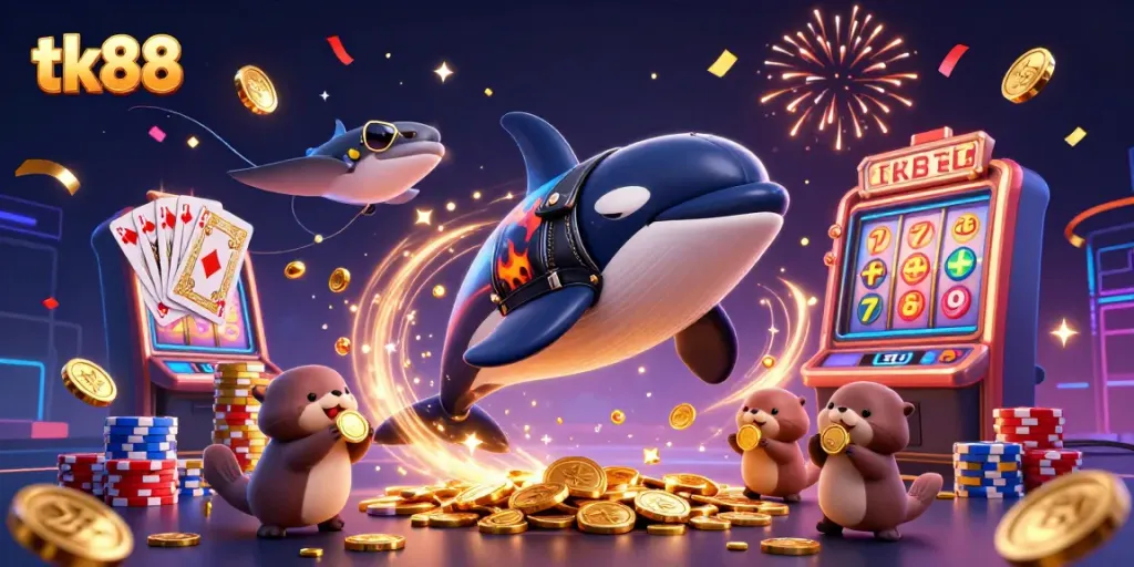 Spin to win with tk88: An orca, stingray, and otters celebrating casino success!