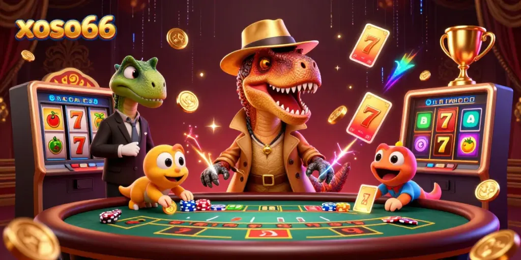xoso66 showcases a card-counting velociraptor at a casino, blending gameplay with vibrant animations.