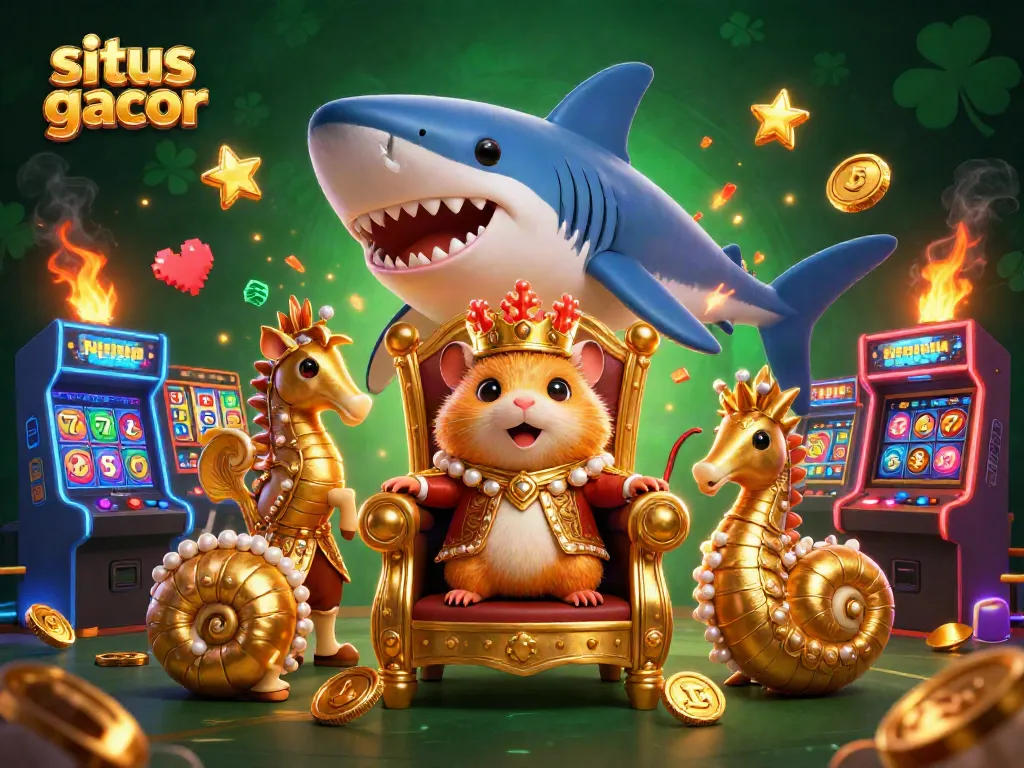 Experience situs slot gacor excitement with a golden hamster king amidst vibrant slot reels and colorful game elements.