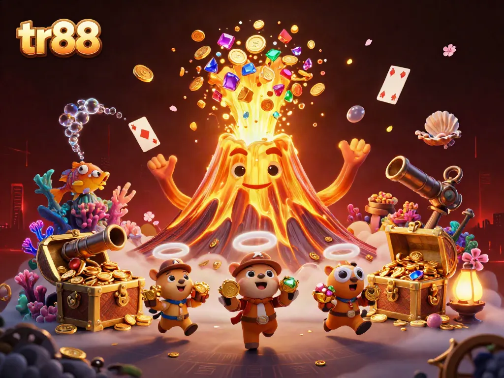 Experience thrilling gameplay at tr88 with a dynamic illustration showcasing vibrant treasures and gambling elements.