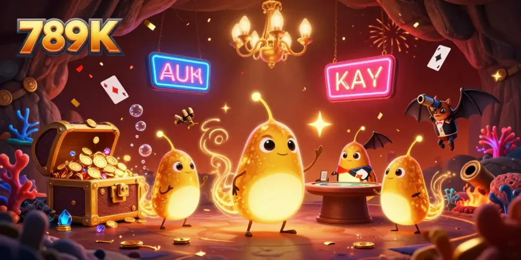 Engage in thrilling gameplay at 789 K's dynamic casino scene, illuminated by glowing characters and vibrant elements.