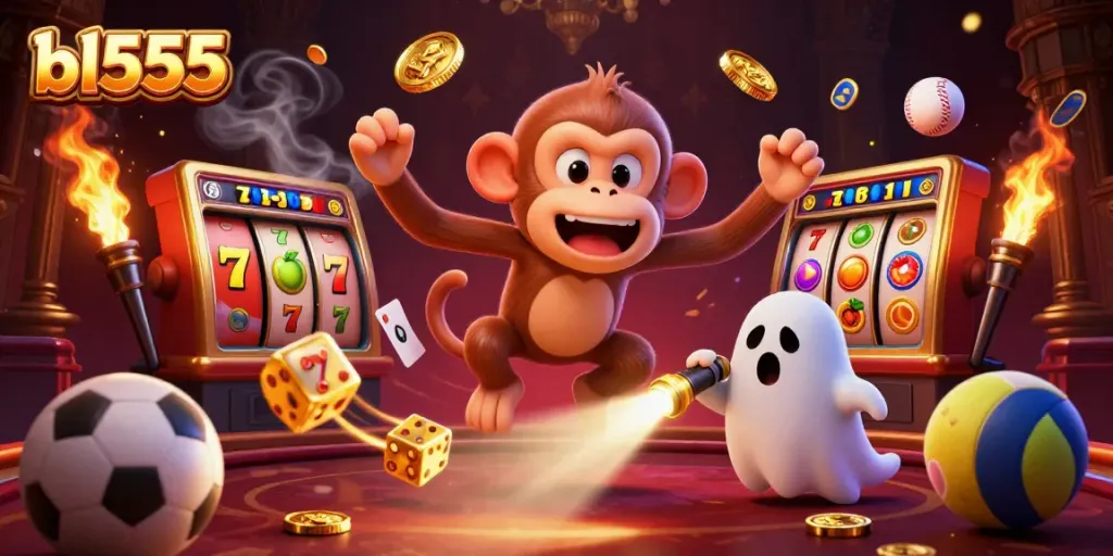 Experience thrilling wins at bl555 with a mischievous monkey juggling gold in a haunted casino.