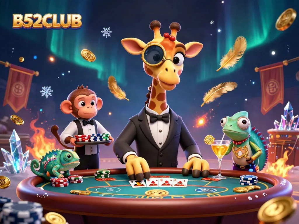 Experience the thrill of B52CLUB with a high-roller giraffe at a VIP poker table, showcasing dynamic casino energy.