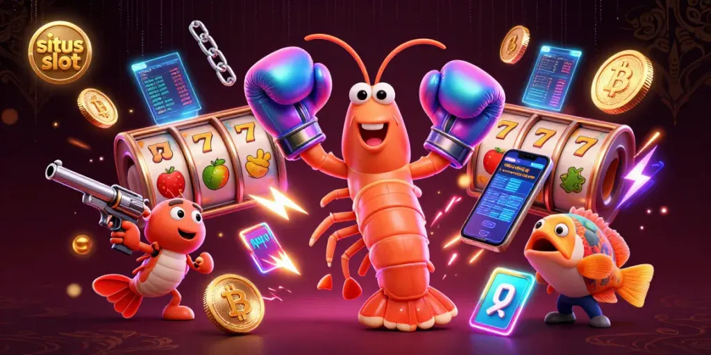 Situs slot gaming scene featuring a mantis shrimp and a pistol shrimp with slot elements and cryptocurrency.