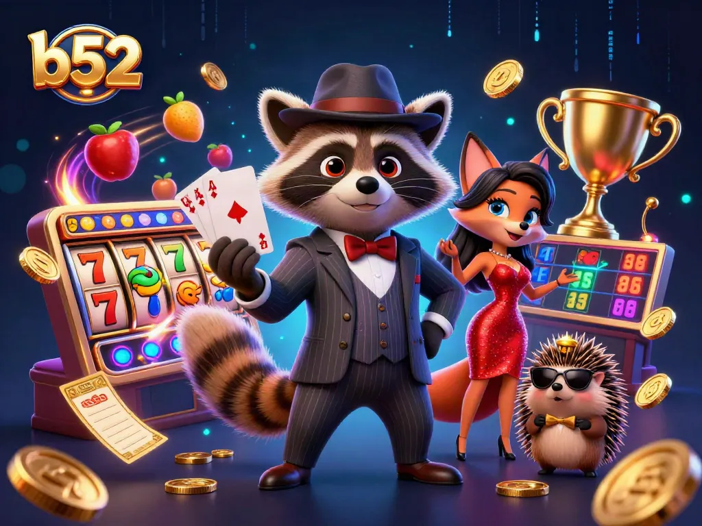 Win big with b52-themed casino illustration featuring raccoon, fox lady, and hedgehog in vibrant 3D.