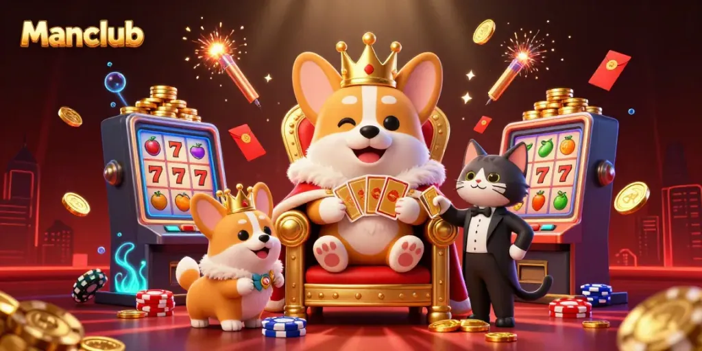 Experience the excitement of gambling at Manclub, featuring a royal corgi amidst slot machines and festive elements.