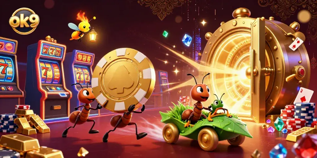 Engaging scene of ants in a casino heist with the ok9 brand, bringing excitement and winning possibilities to bettors.