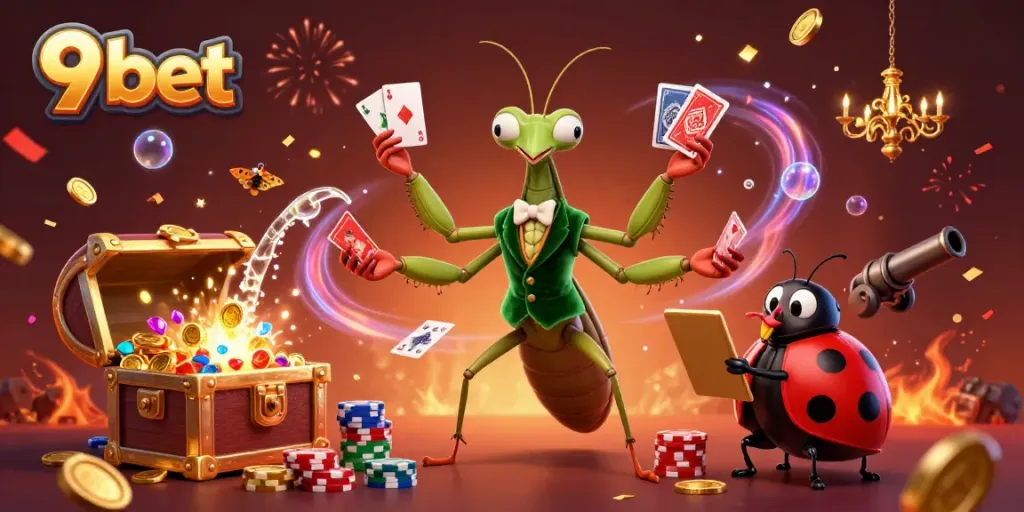 Engage in vibrant 9 bet action with a giant mantis card sharp and ladybug pits boss in a dynamic casino scene.