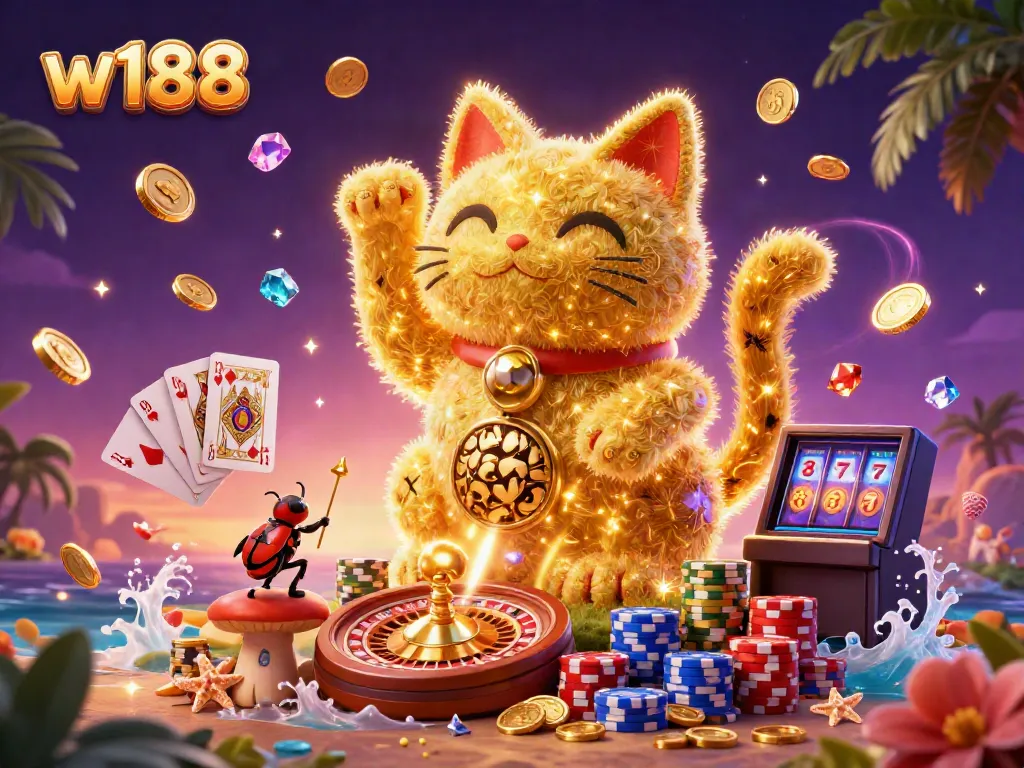 Experience thrilling wins at w188 with a captivating digital scene featuring a lucky cat and casino symbols.