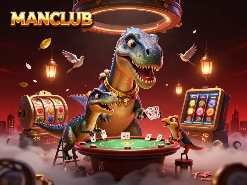 Engage with MANCLUB's vibrant casino scene featuring a towering brontosaurus, dynamic poker elements, and rich details.
