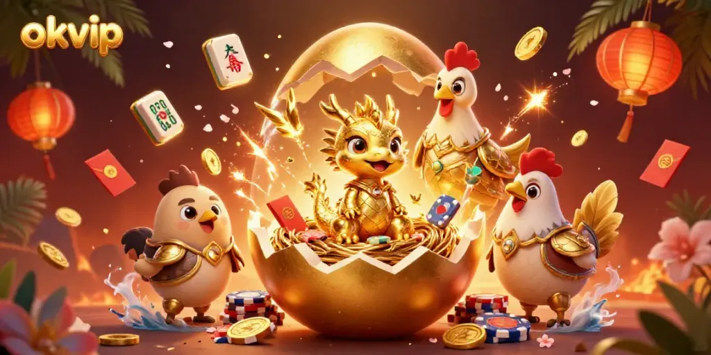 Engage in the thrilling okvip world with a golden dragon guarding poker chip treasures amidst festive decorations.
