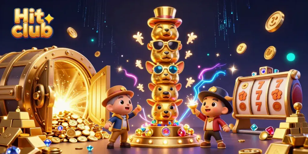 Experience thrilling wins at Hit club with vibrant casino symbols and dynamic 3D character animations.