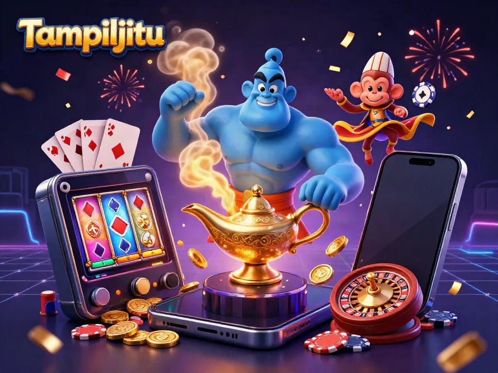 Experience Tampiljitu's thrilling slot action with a genie, monkey, and poker chips in an exciting digital world.