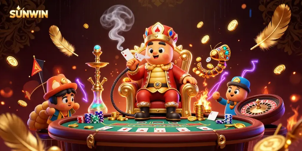 SUNWIN promotional illustration showcasing an online casino scene with a caterpillar hookah-master and poker elements.