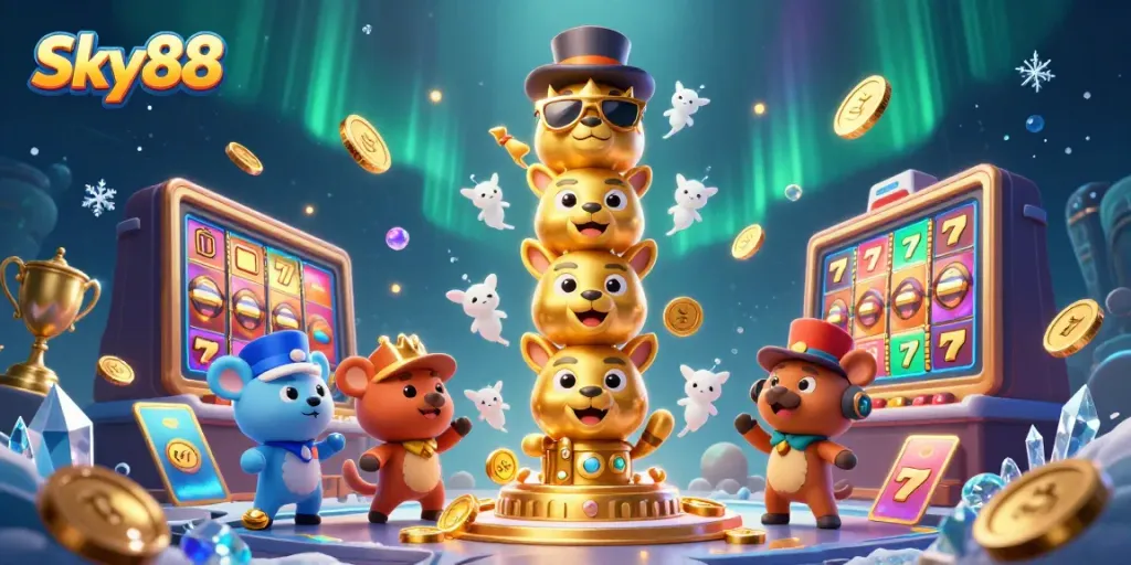 Experience the thrilling 3D casino world of Sky88 with vibrant elements like slots, chips, and a golden trophy.