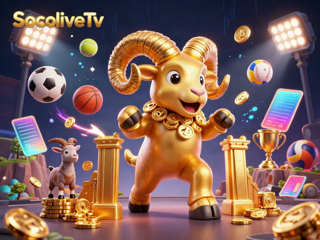 SocoliveTv showcases a vibrant 3D illustration of a golden ram charging with coins, surrounded by dynamic sports elements, perfect for streaming excitement.