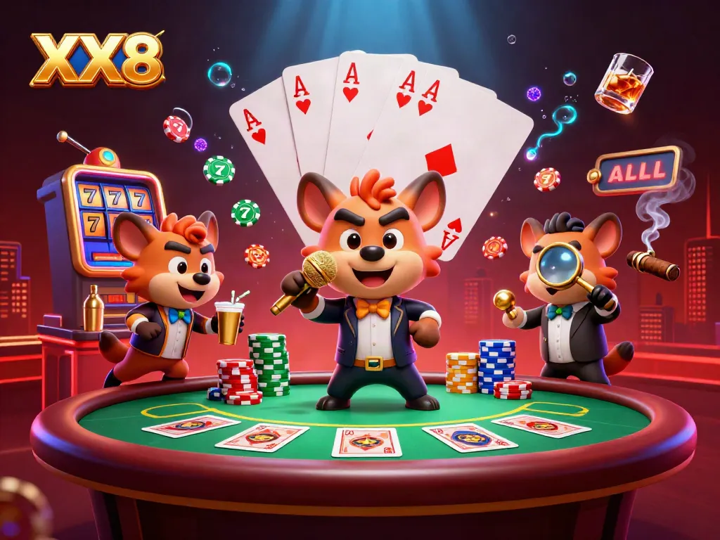 Experience the vibrant comedy casino atmosphere at XX8 with lively hyenas and energetic gaming.