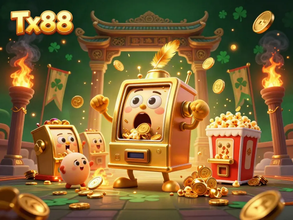 Experience the excitement of Tx88 with a golden slot machine celebrating a jackpot moment amidst vibrant casino elements.