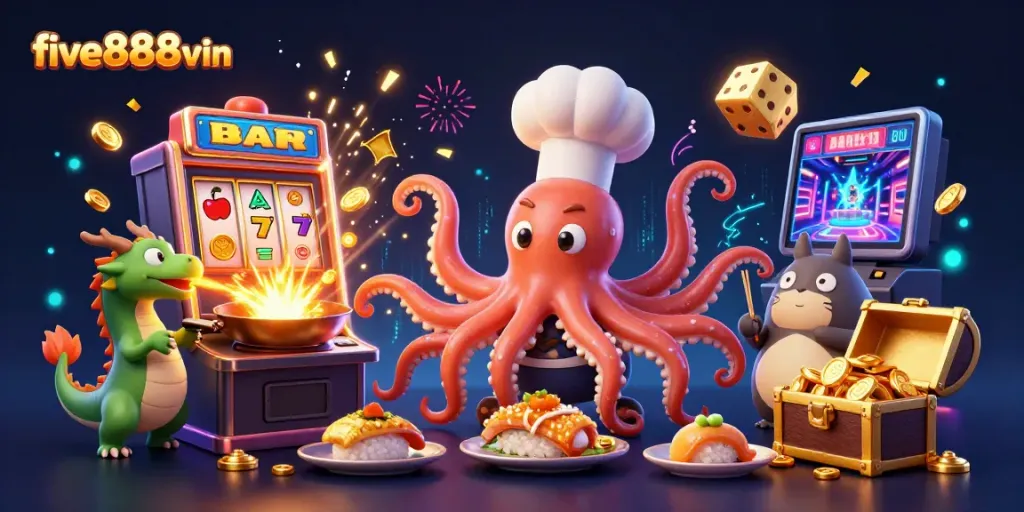 Win big at five888vin with an exciting casino scene featuring a golden jackpot and fun characters.