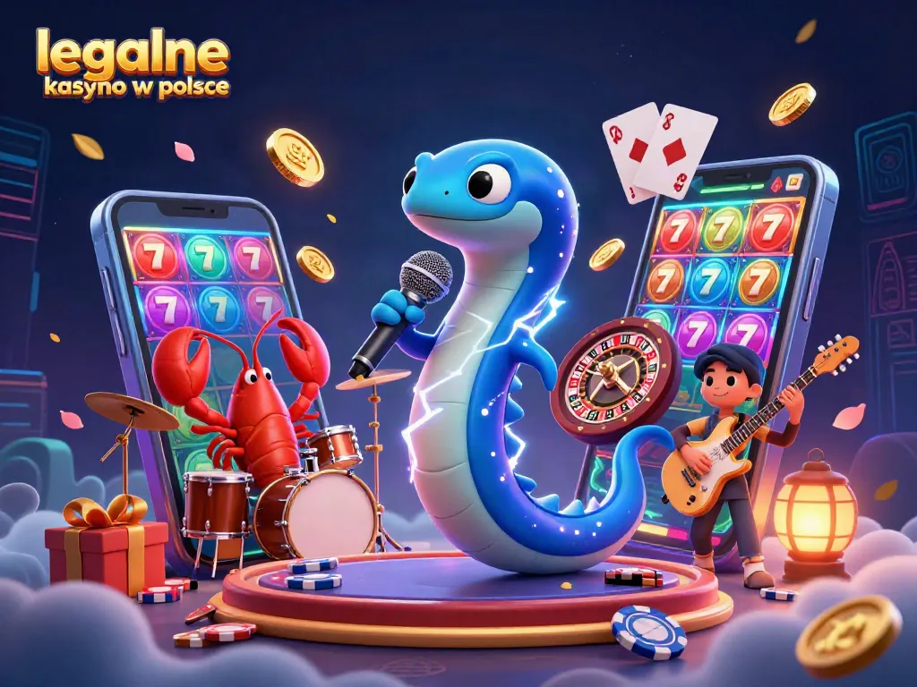 Experience vibrant gaming with legalne kasyno w polsce featuring a DJ eel, lobster drummer, and seahorse guitarist in an underwater scene.