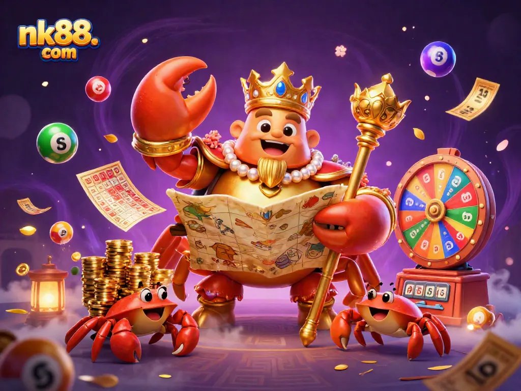 Engage in thrilling games at nk88. com with a 3D golden crab emperor surrounded by vibrant gambling symbols.