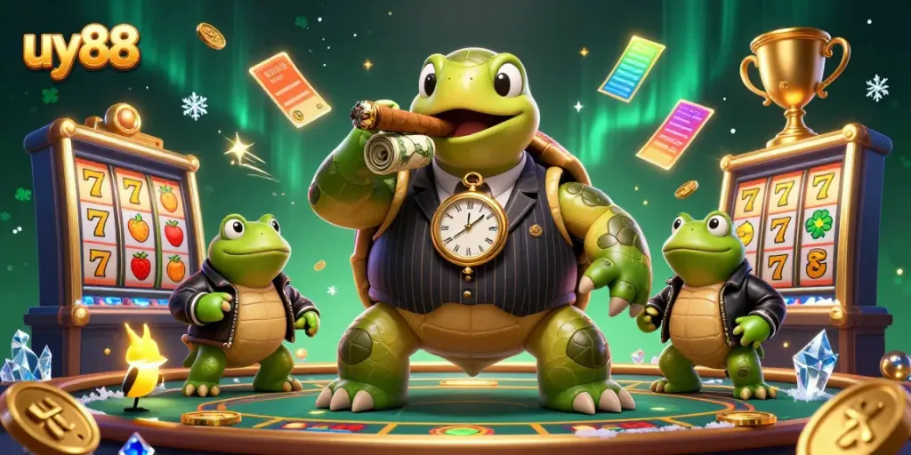 Experience the excitement of uy88 with a cartoon turtle, bullfrog enforcers, and lively slot elements.