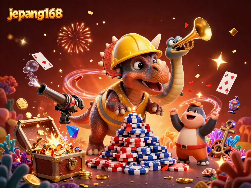 Experience jepang168 with a lively 3D cartoon scene illustrating enthusiastic characters in a casino setting.