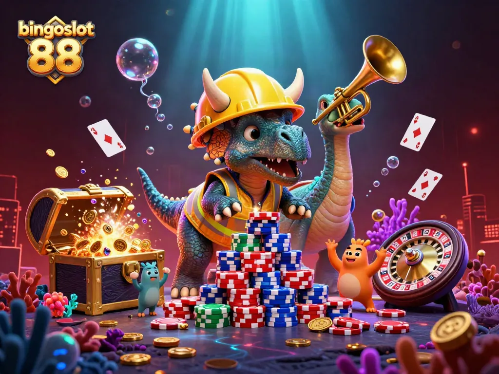 Pengalaman bermain bingoslot 88 dengan ilustrasi kasino yang penuh warna dan aktivitas ceria.