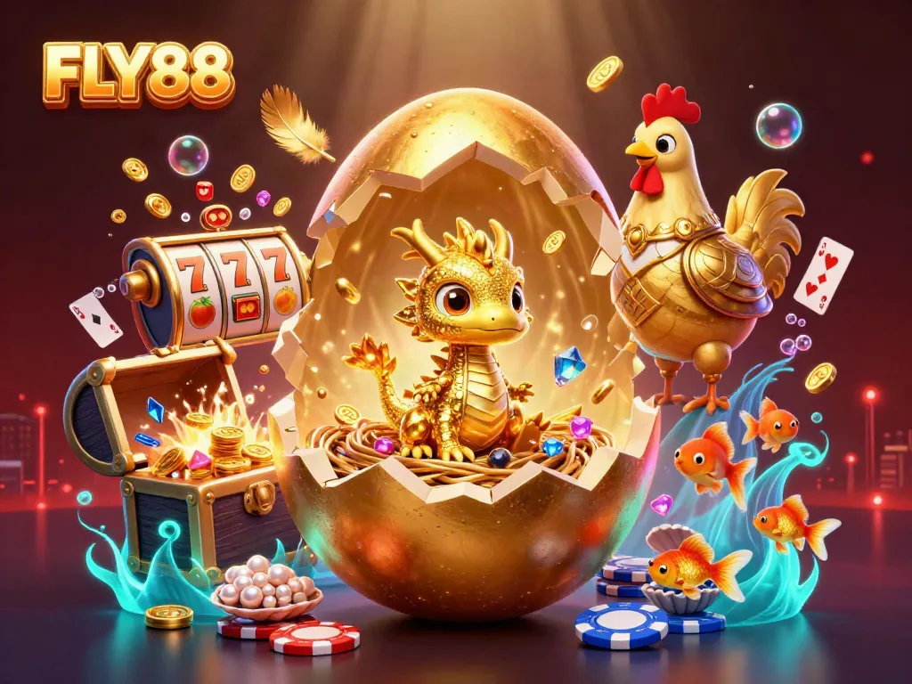FLY88 features a golden dragon and poker chips in a vibrant casino scene.