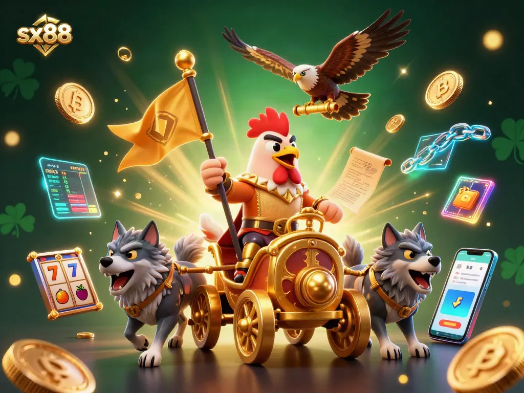 Spin the reels with sx88 in this vibrant casino scene featuring a golden rooster warlord.
