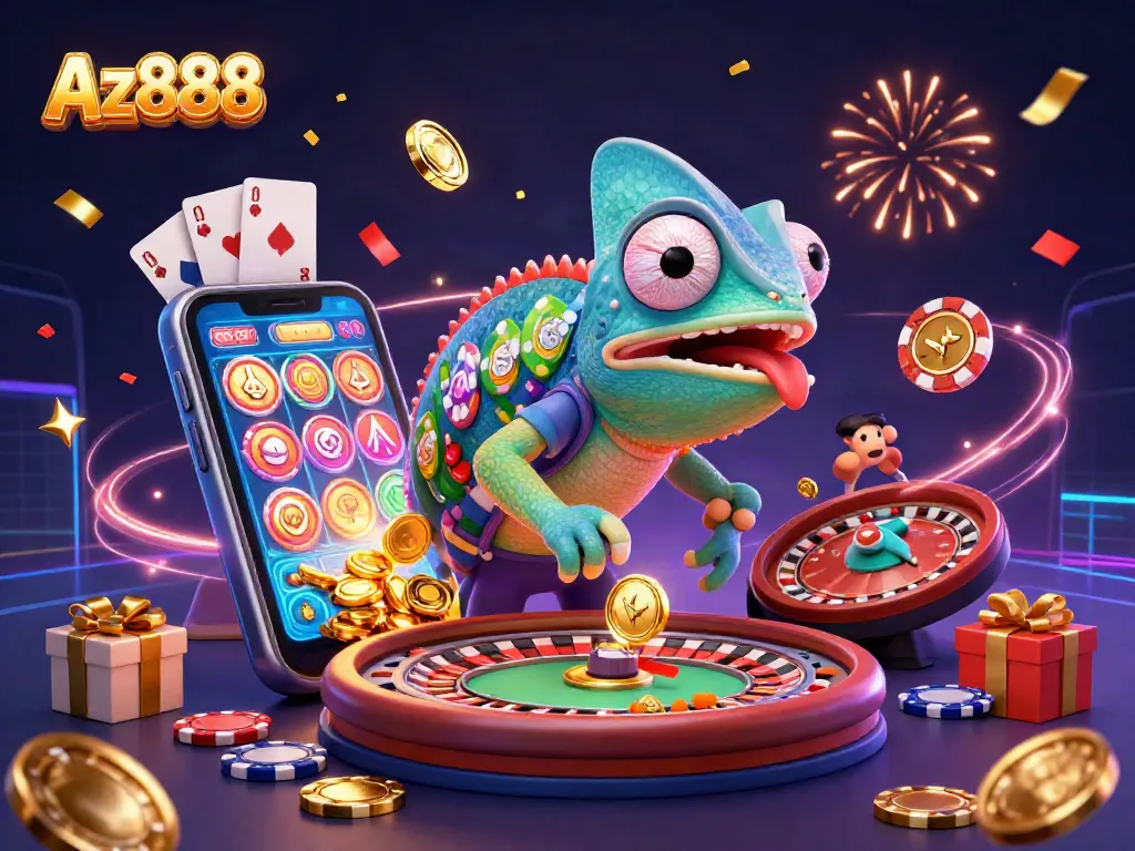 Az888 dynamic casino scene with a chameleon owner surrounded by gaming elements and confetti