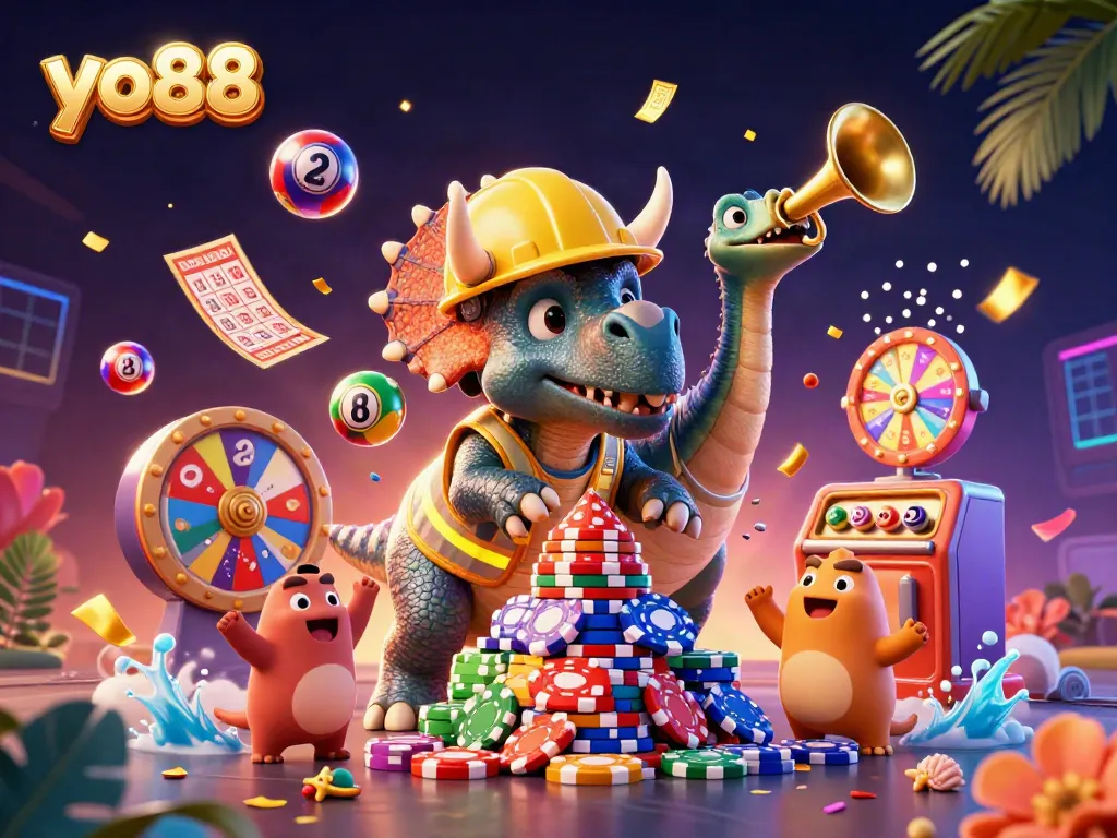 Engage with yo88 by enjoying thrilling lottery games and casino excitement in a vibrant illustration.