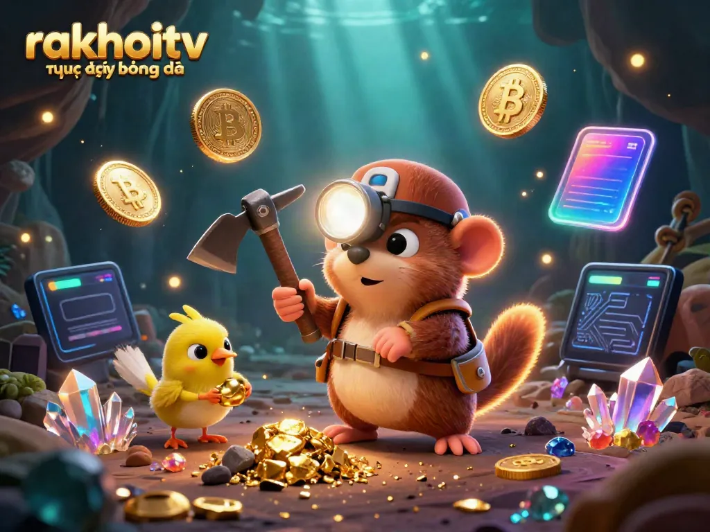 Engage in rakhoitv trực tiếp bóng đá with a vibrant 3D scene of mining characters discovering treasures in a digital environment.