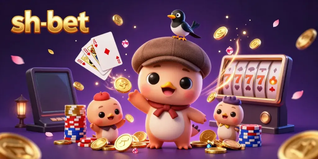 Engage with sh-bet's 3D vibrant casino scene featuring playful cartoon characters surrounded by sparkling gambling elements.